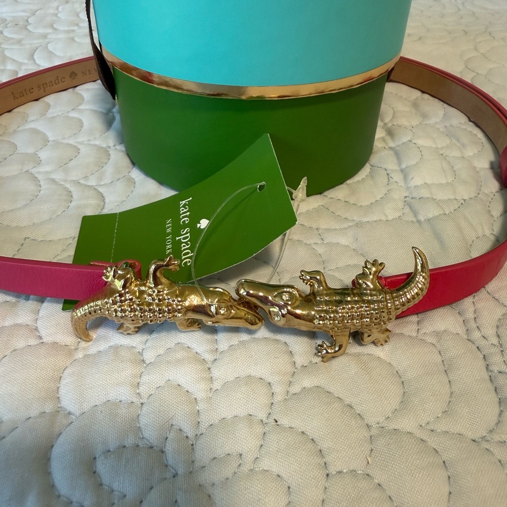 Kate Spade Pink Leather Belt with Gold Alligator Buckle Duo